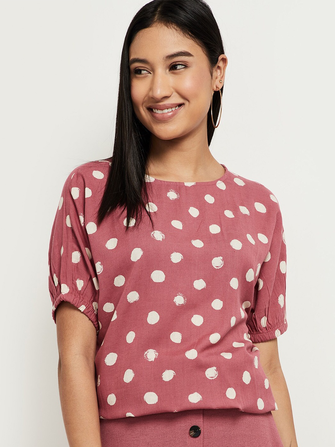 

max Women Dusty Pink Polka Dot Printed Cotton Blend Top