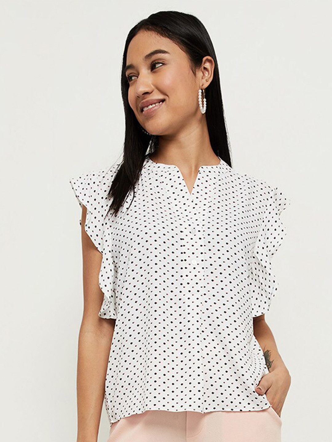

max White & Black Print Mandarin Collar Ruffles Top