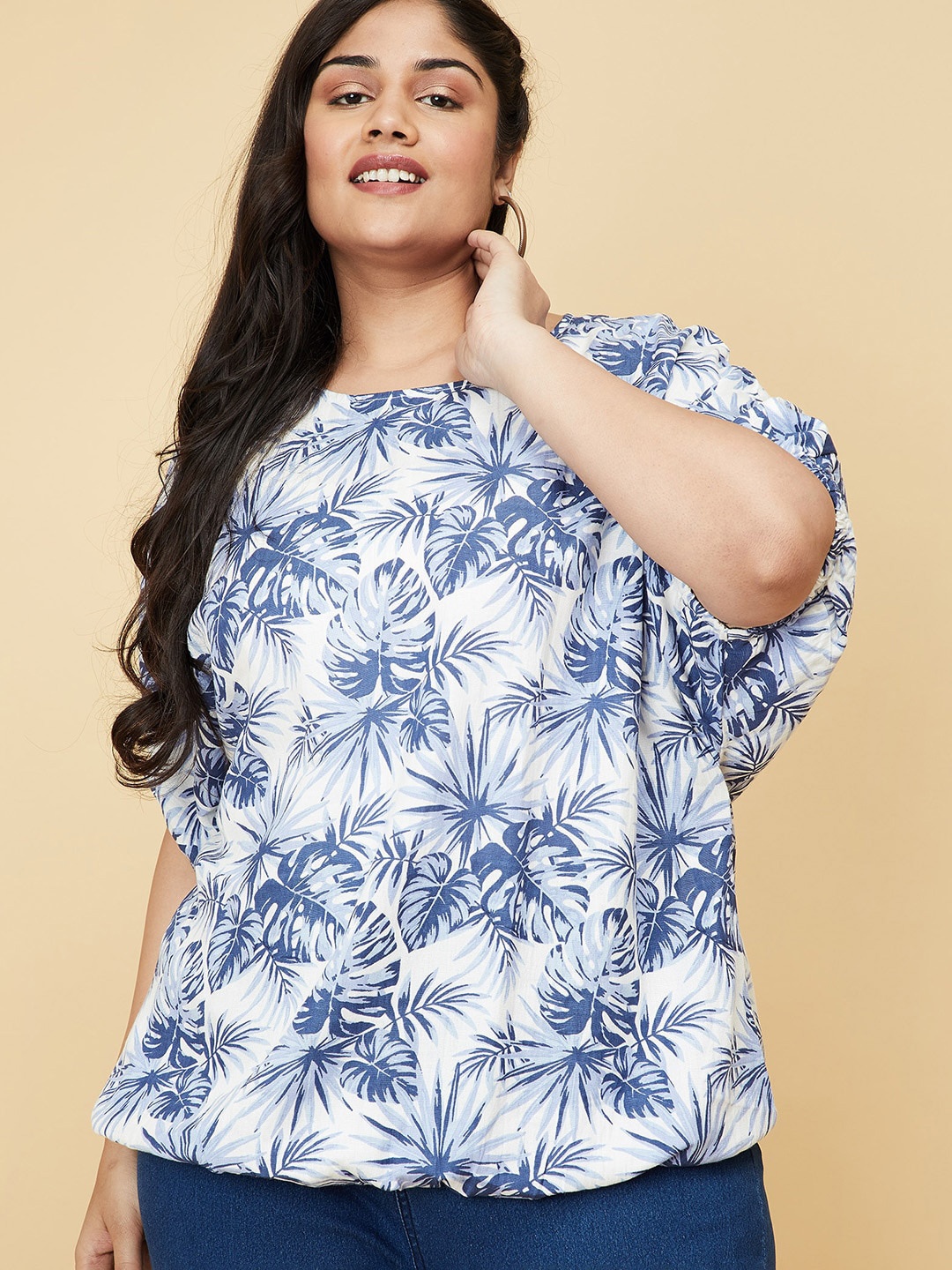 

max Plus Size White & Blue Tropical Print Extended Sleeves Tropical Blouson Top