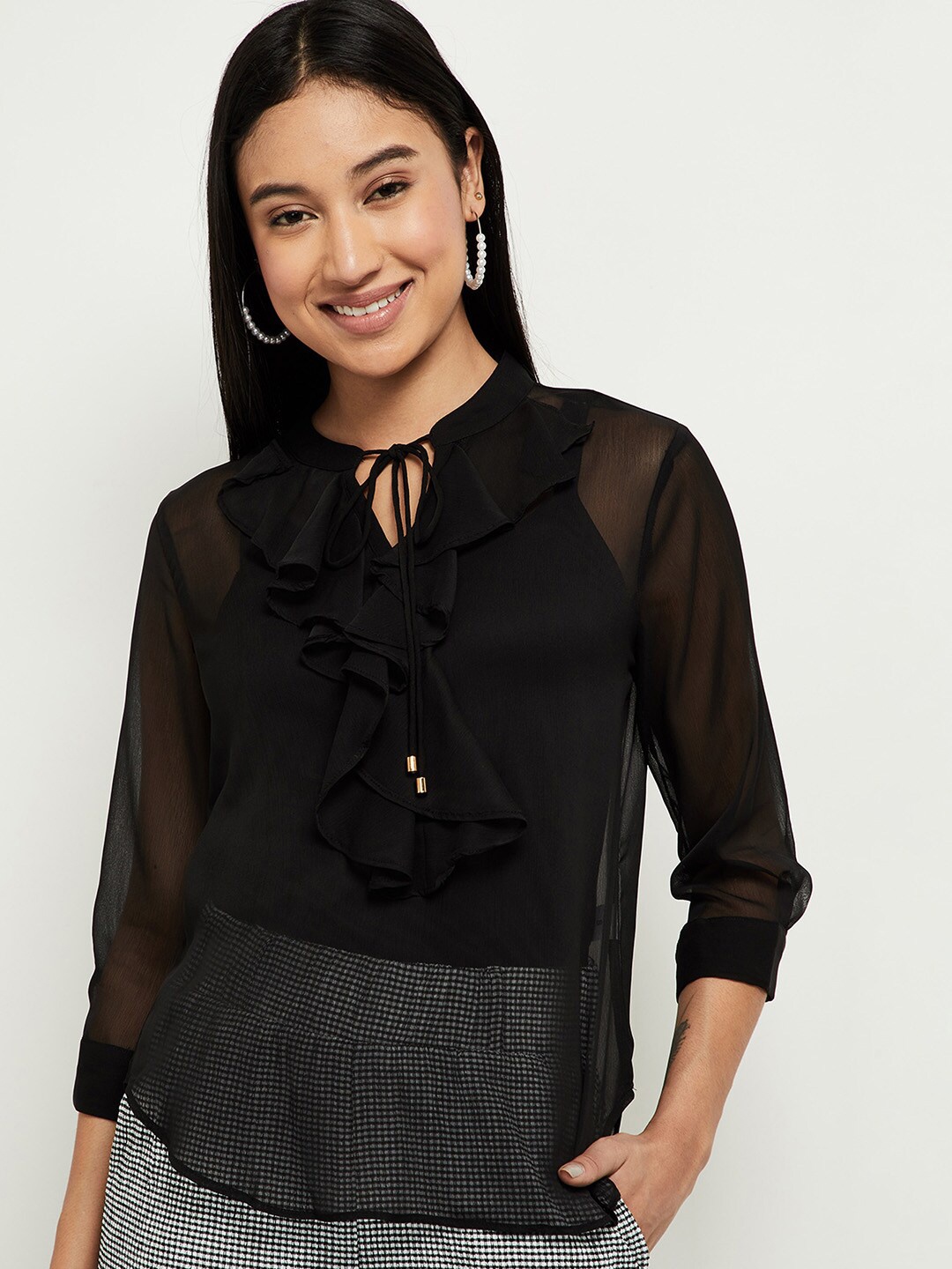 

max Black Tie-Up Neck Ruffled Top