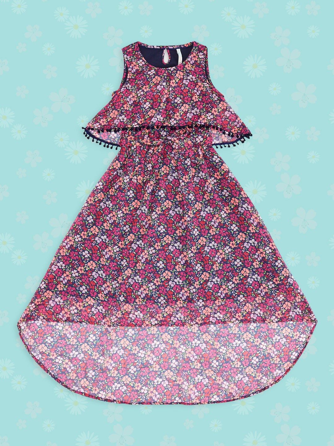 Pantaloons Junior Girls Navy Blue & Pink Floral Layered High-Low Fit & Flare Dress