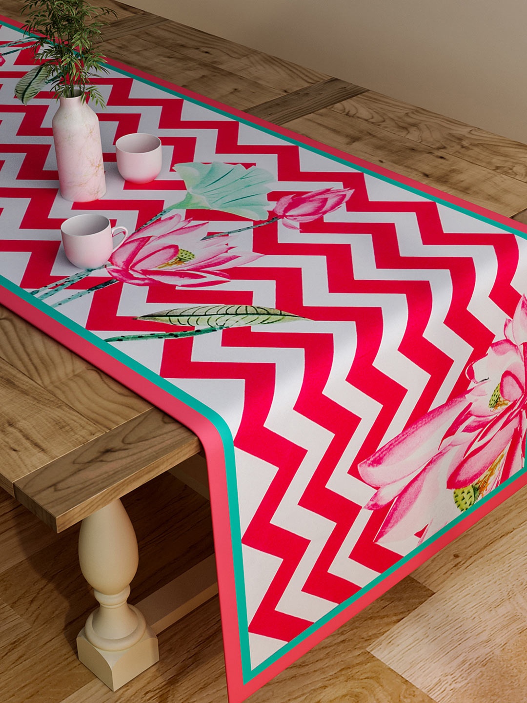 

SEJ by Nisha Gupta Pink & White Chevron Print Rectangular 48" x 13 Cotton Table Runner