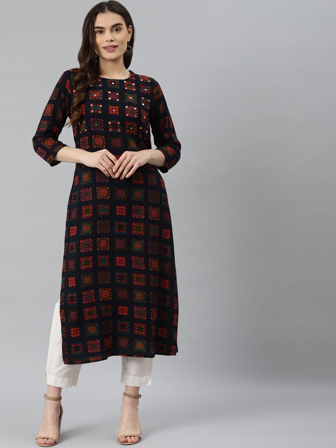 

Pankvi Women Navy Blue & Red Geometric Printed Mirror Work Kurta