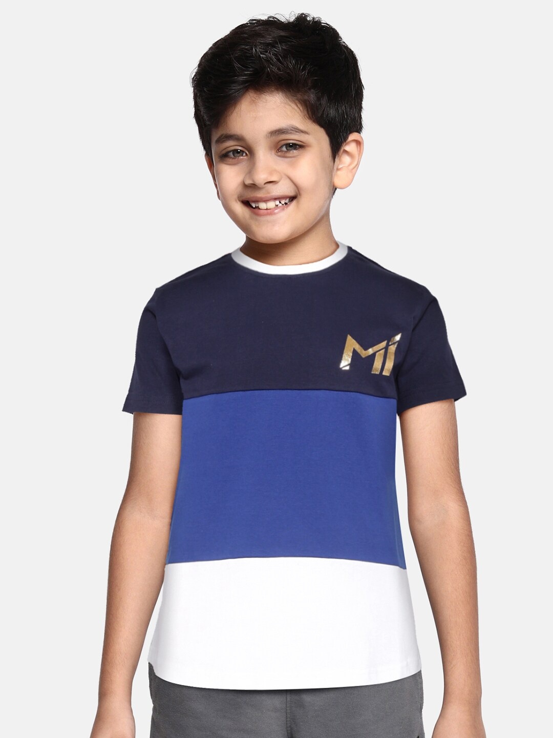 

FanCode Boys Blue & White Colourblocked MI Print Pure Cotton Cricket T-shirt