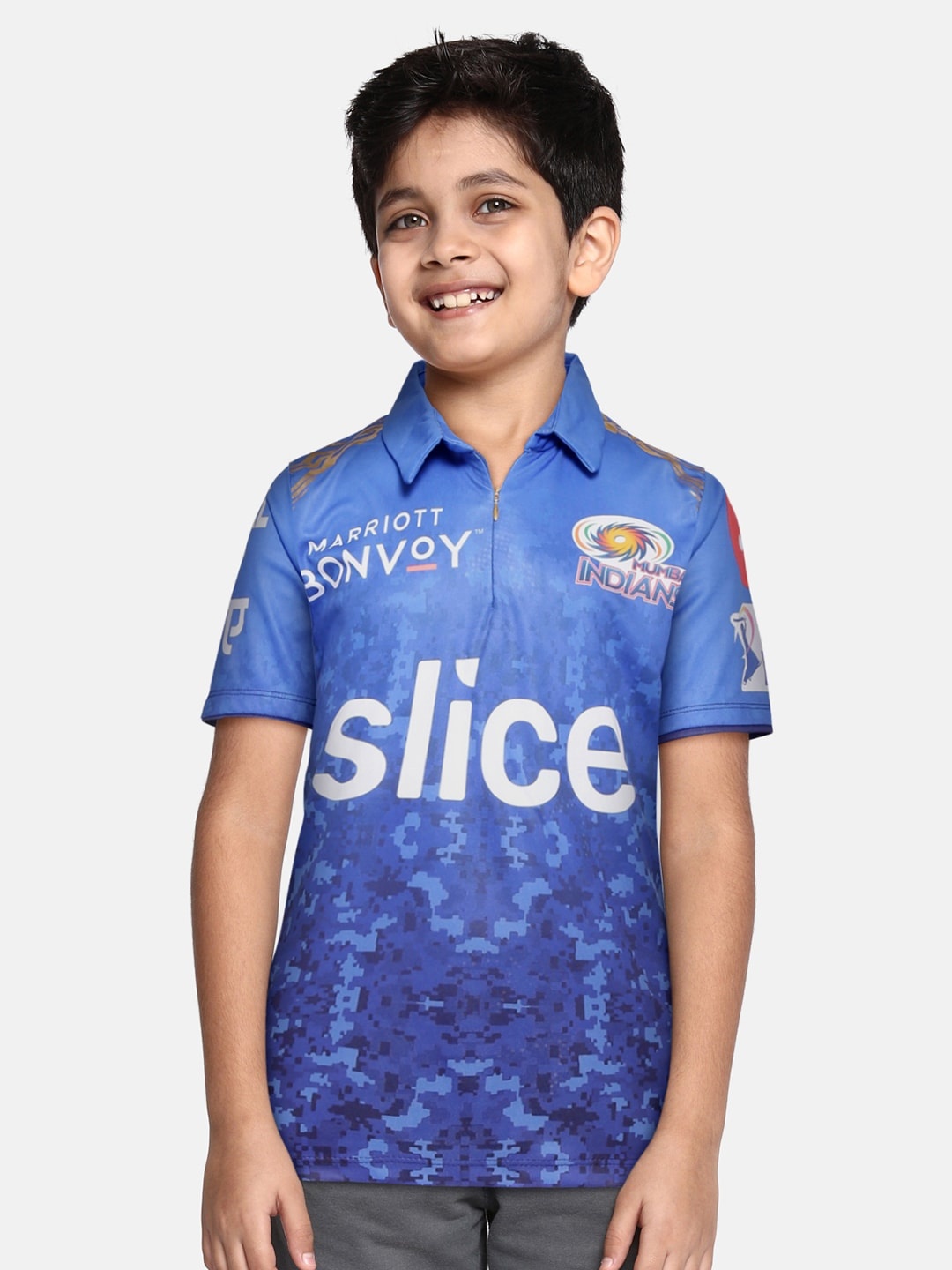 

The Souled Store Boys Blue & White Mumbai Indians Print Polo Collar Cricket T-shirt