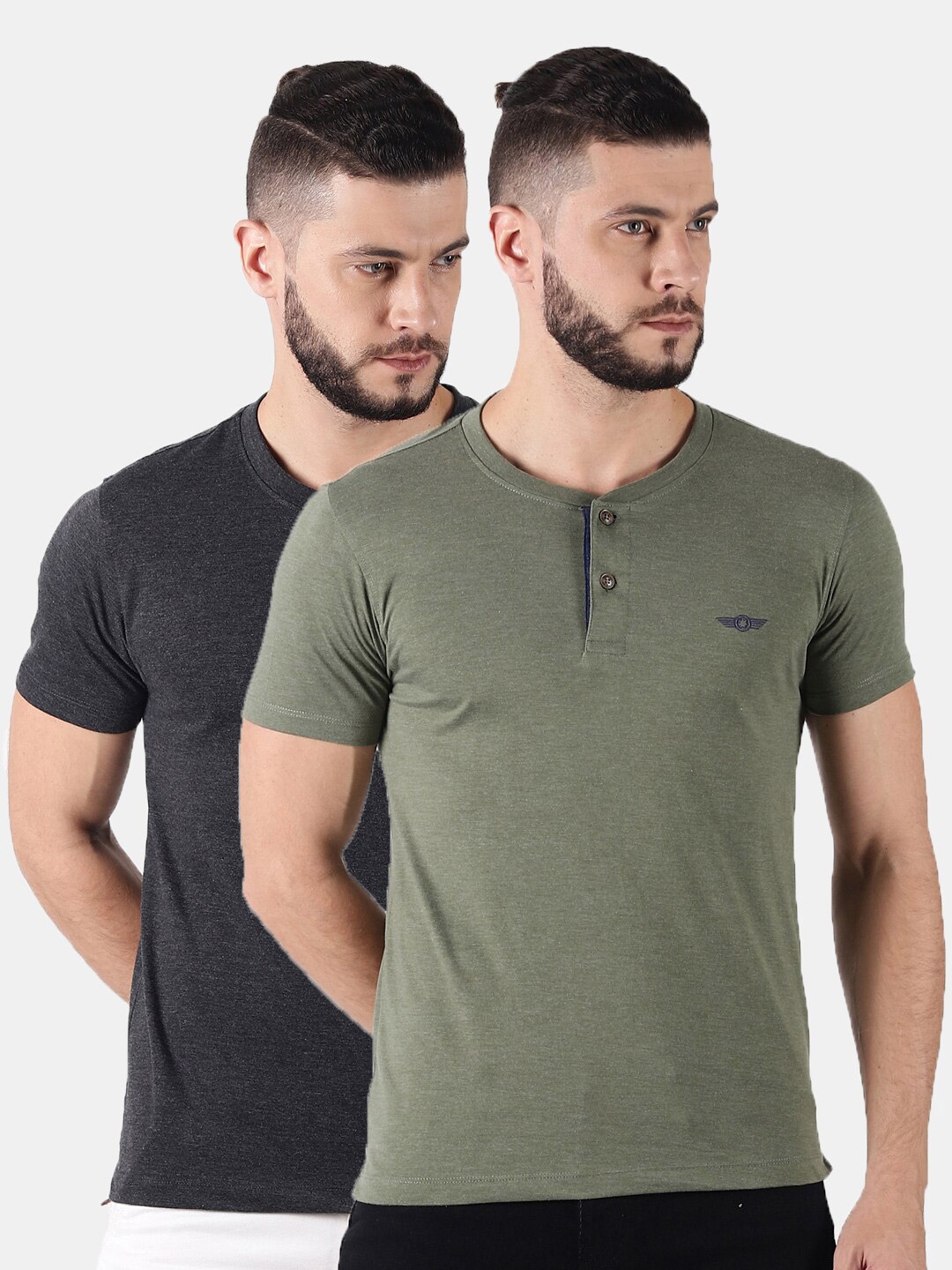 

Force NXT Men Pack of 2 Henley Neck Super Combed Cotton T-Shirts, Green