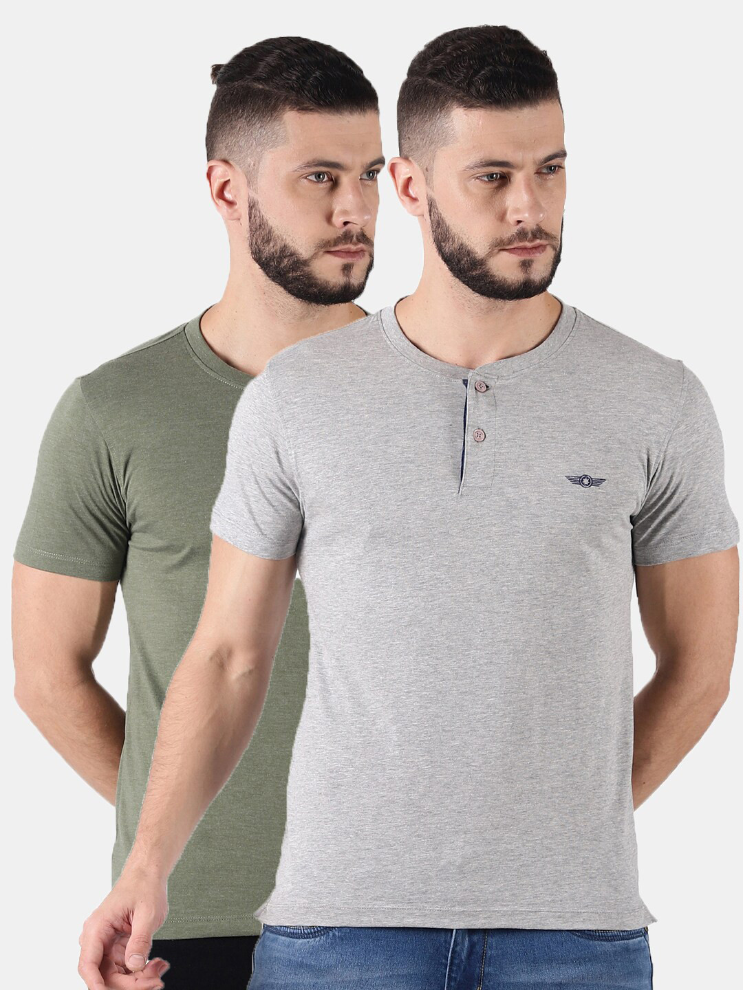 

Force NXT Men Set Of 2 Solid Henley Neck Super Combed Cotton T-shirts, Green