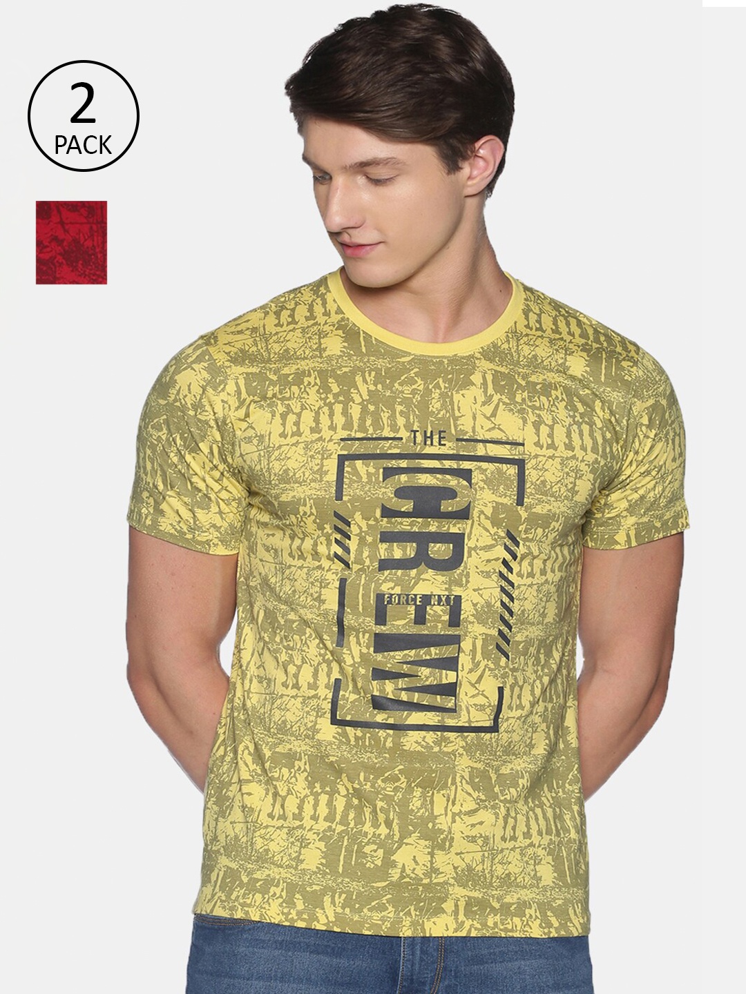 Force NXT Men Pack of 2 Typography Printed Super Combed Cotton T-Shirt, Yellow