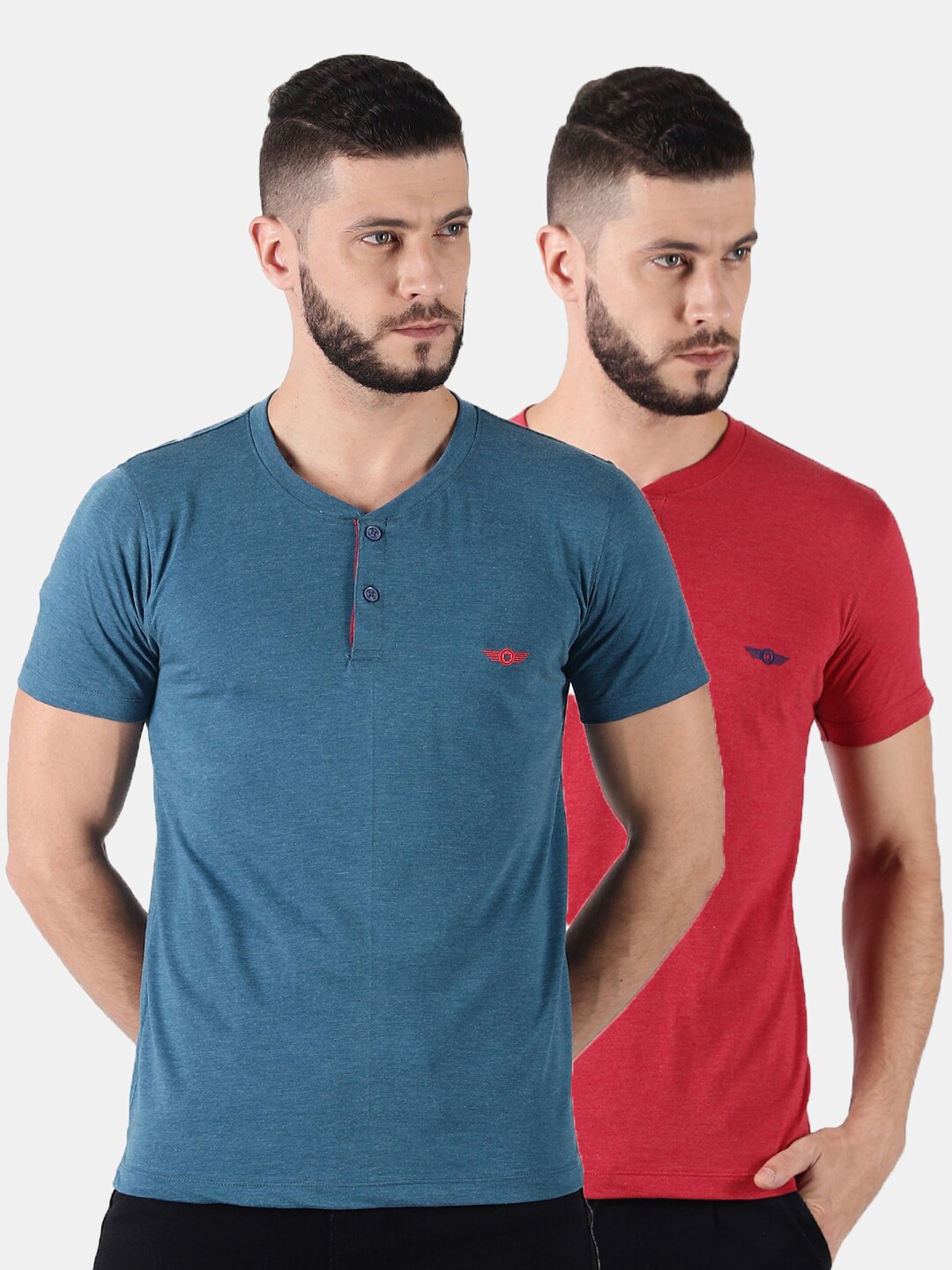 

Force NXT Men Set Of 2 Solid Henley Neck Super Combed Cotton T-Shirt, Blue
