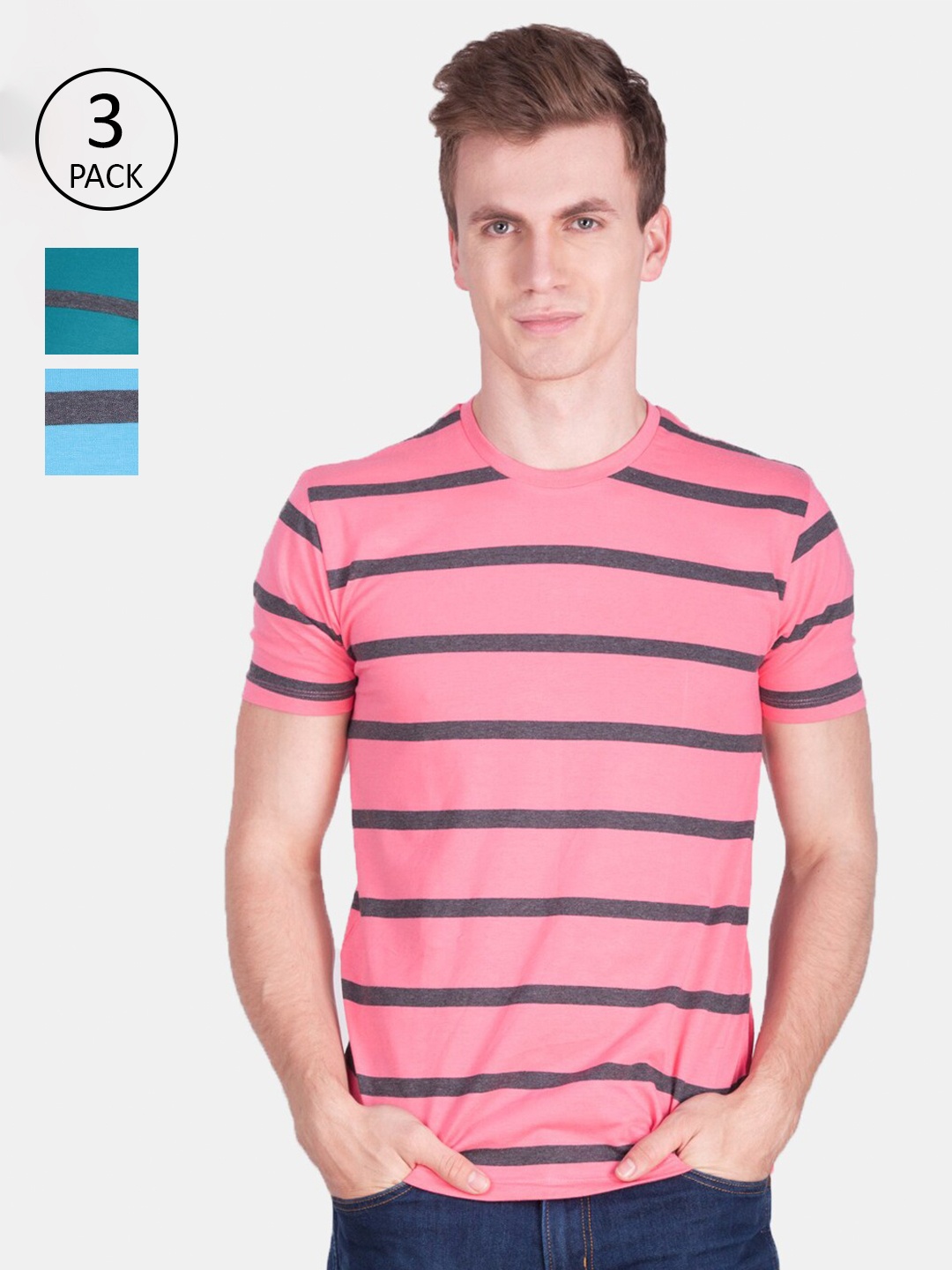 

Force NXT Men Pack of 3 Pink & Green Striped T-shirts