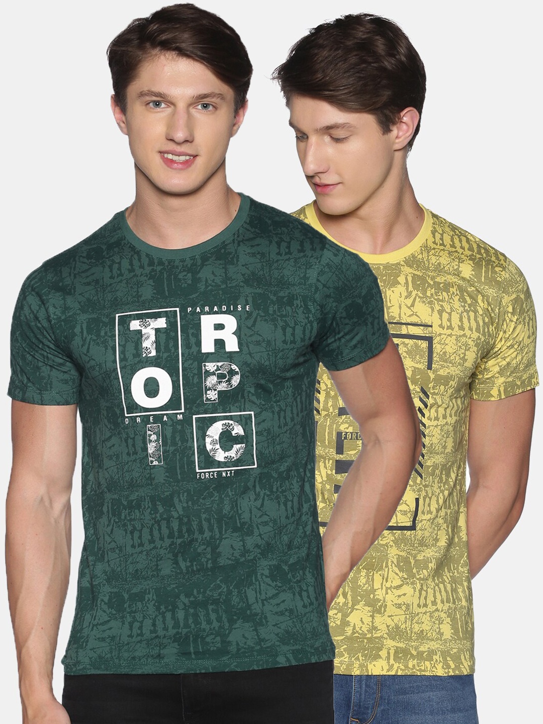 Force NXT Men Pack of 2 Typography Printed Super Combed Cotton T-Shirts, Green