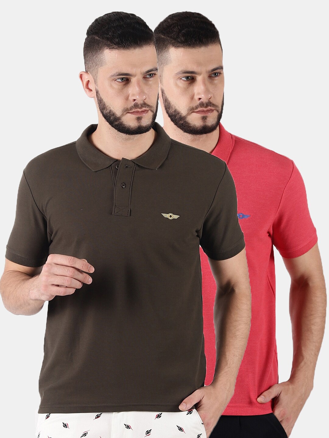 

Force NXT Men Set Of 2 Solid Polo Collar Super Combed Cotton T-Shirt, Brown