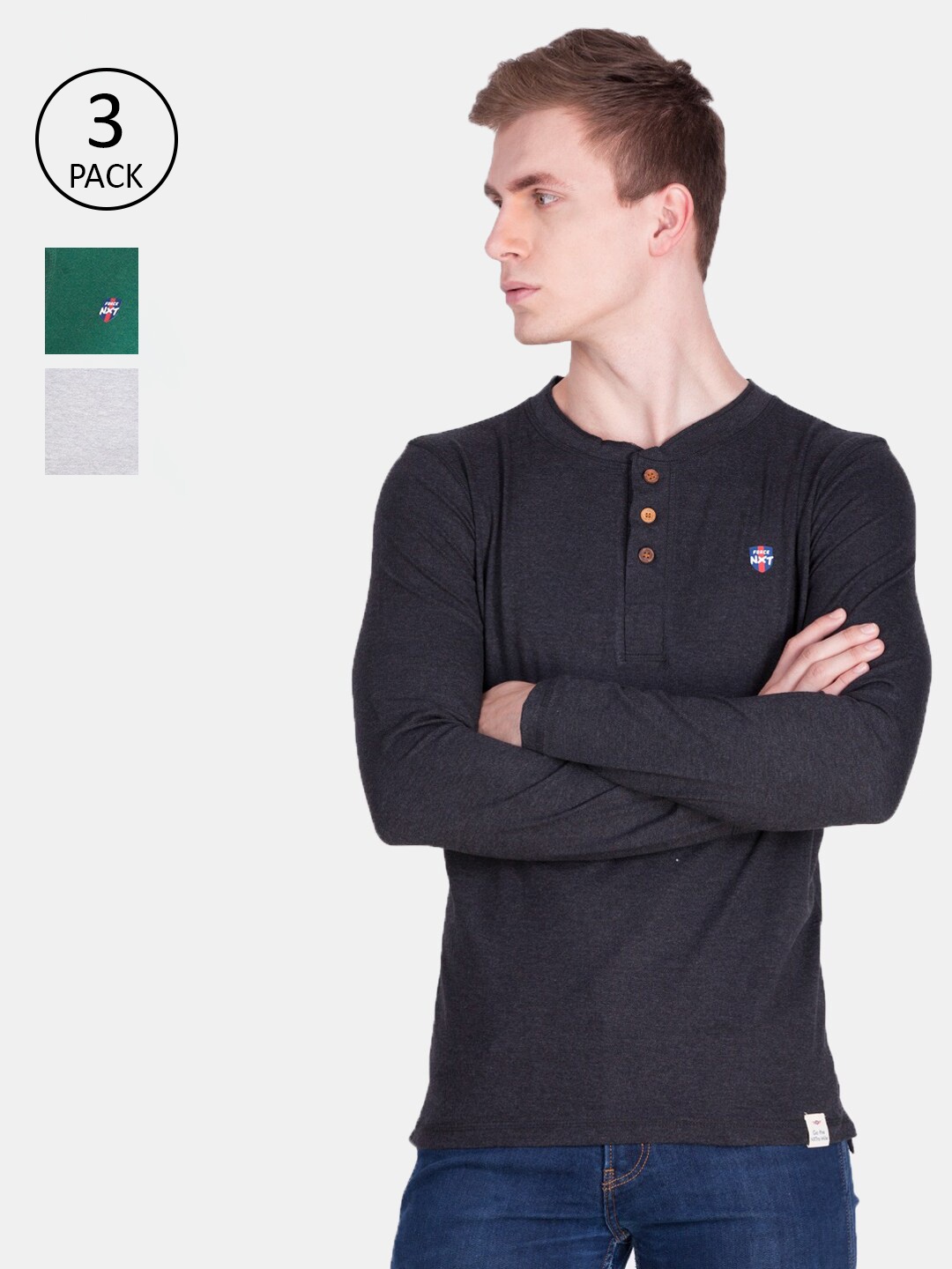 

Force NXT Men Pack of 3 Black & Green Henley Neck T-shirt