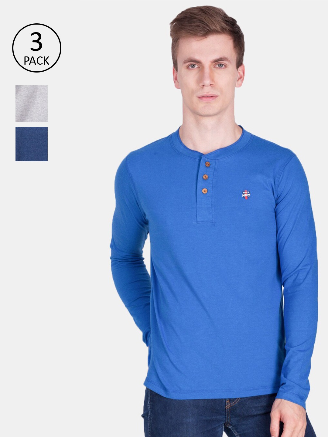 

Force NXT Men Pack Of 3 Henley Neck T-shirt, Blue