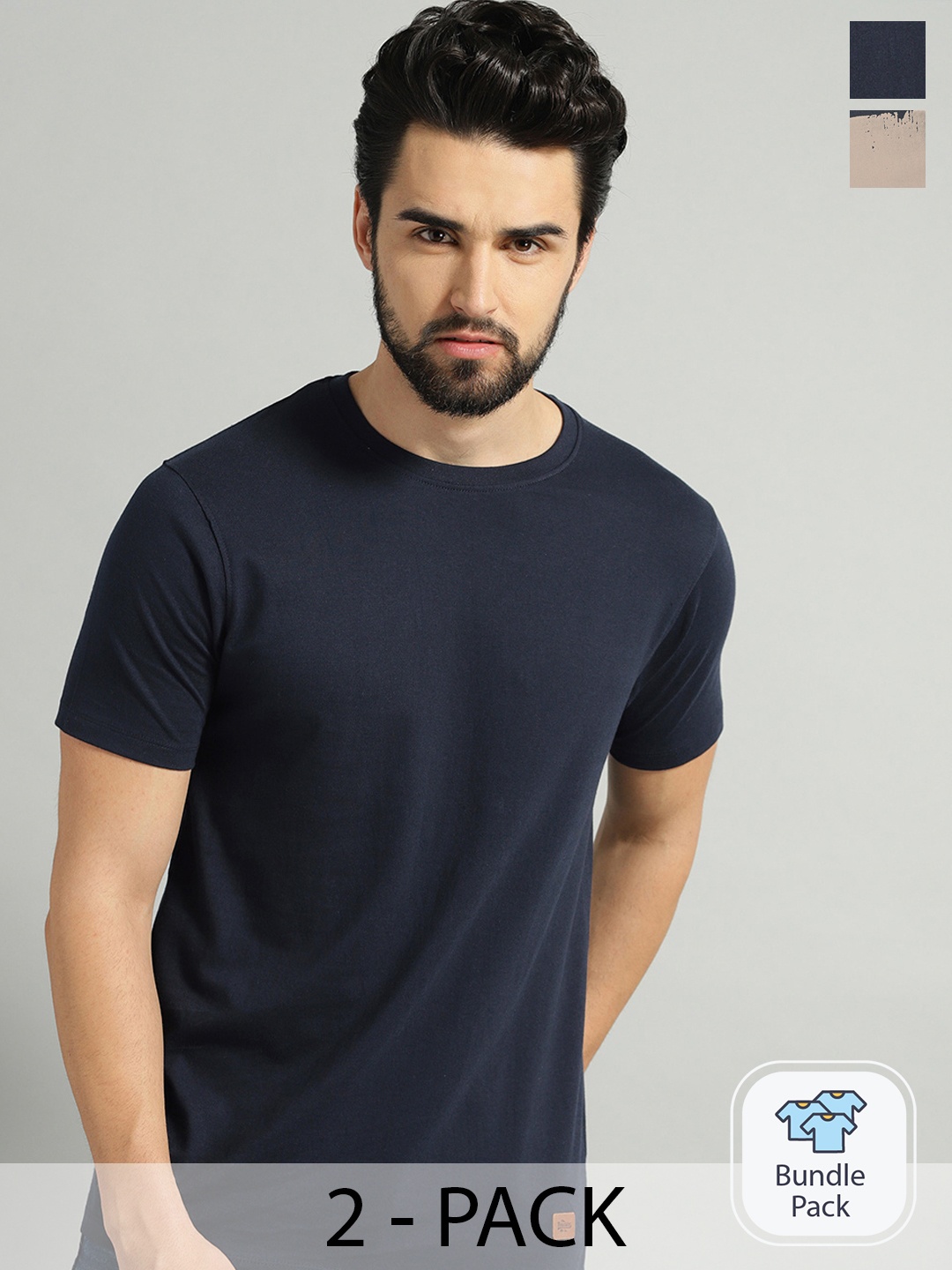 

Roadster Men Pack Of 2 Round Neck Pure Cotton T-shirts, Navy blue