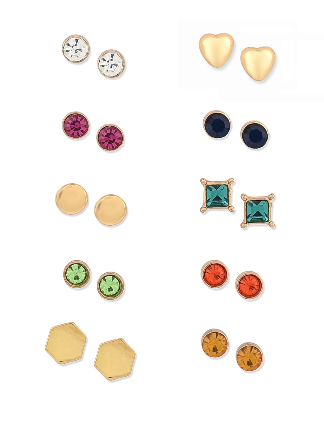 

Lilly & sparkle Set Of 10 Multicoloured Gold-Plated Circular Stone-Studded Studs Earrings, Multi