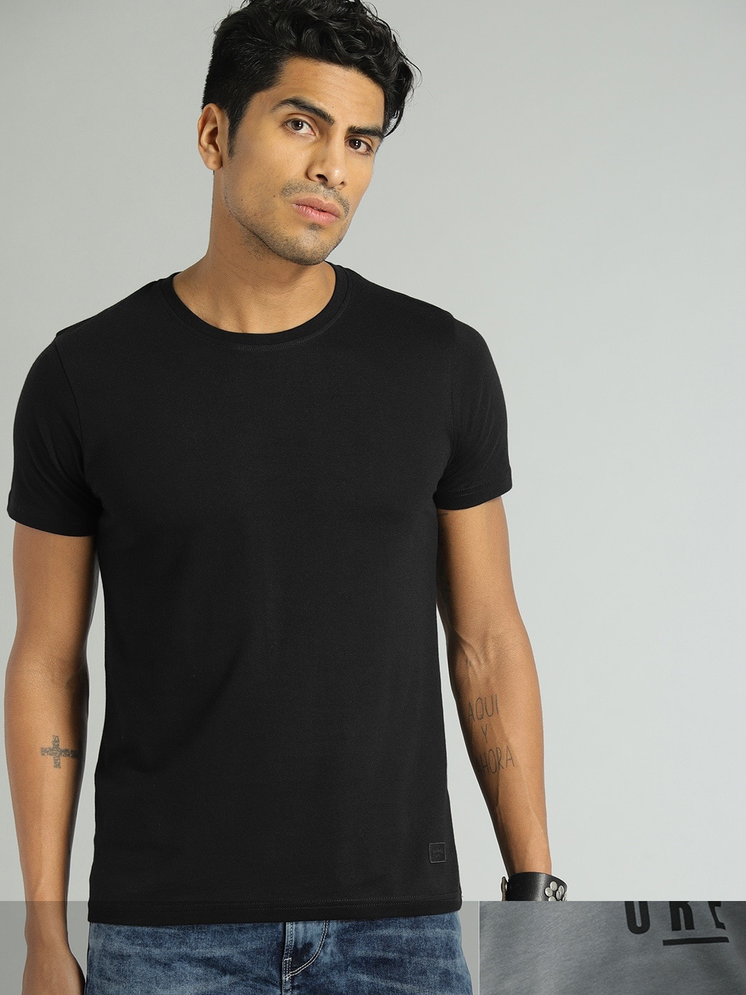 

Roadster Men Pack Of 2 Round Neck Pure Cotton T-shirts, Charcoal