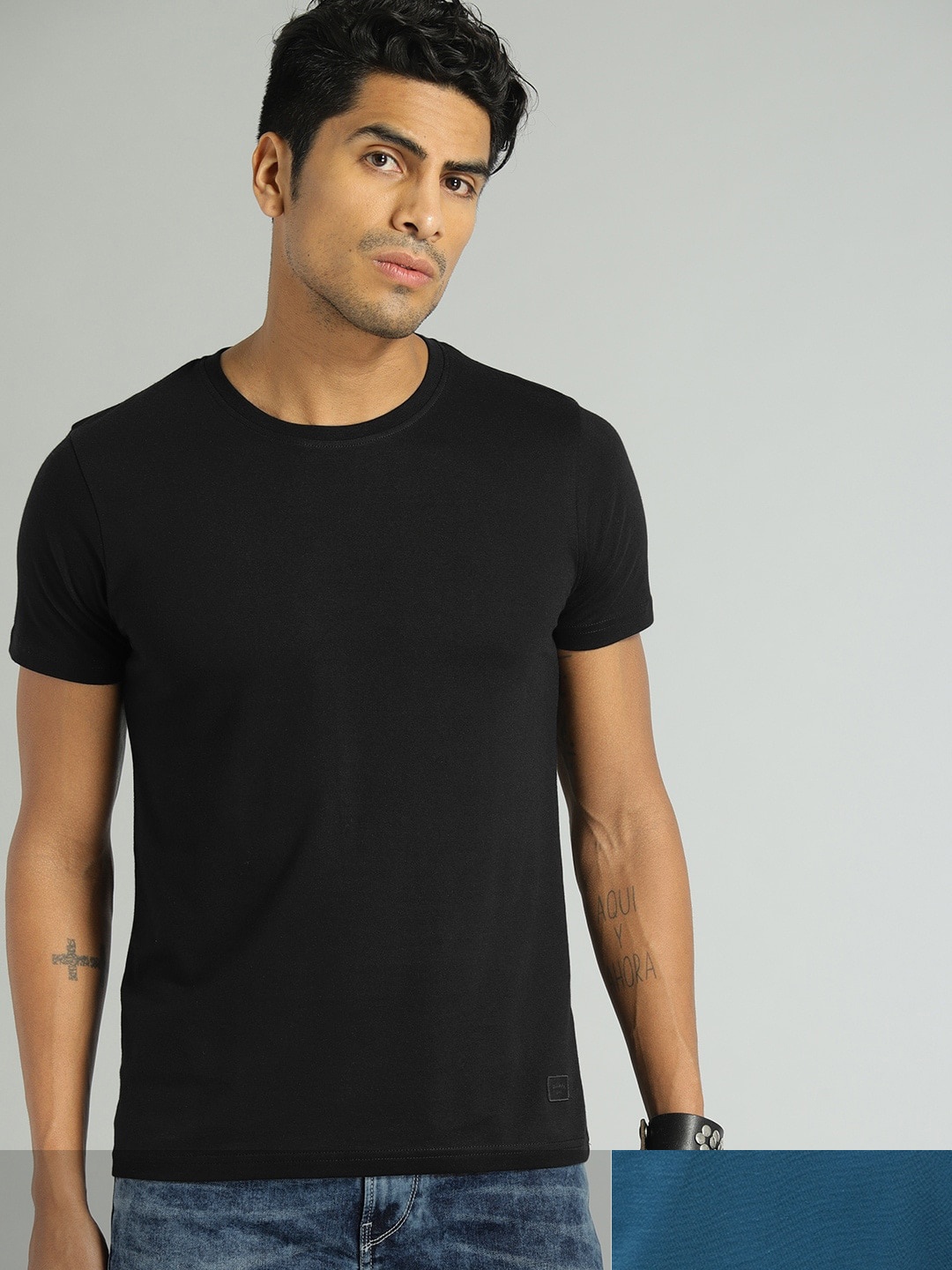 

Roadster Men Pack Of 2 Round Neck Pure Cotton T-shirts, Teal