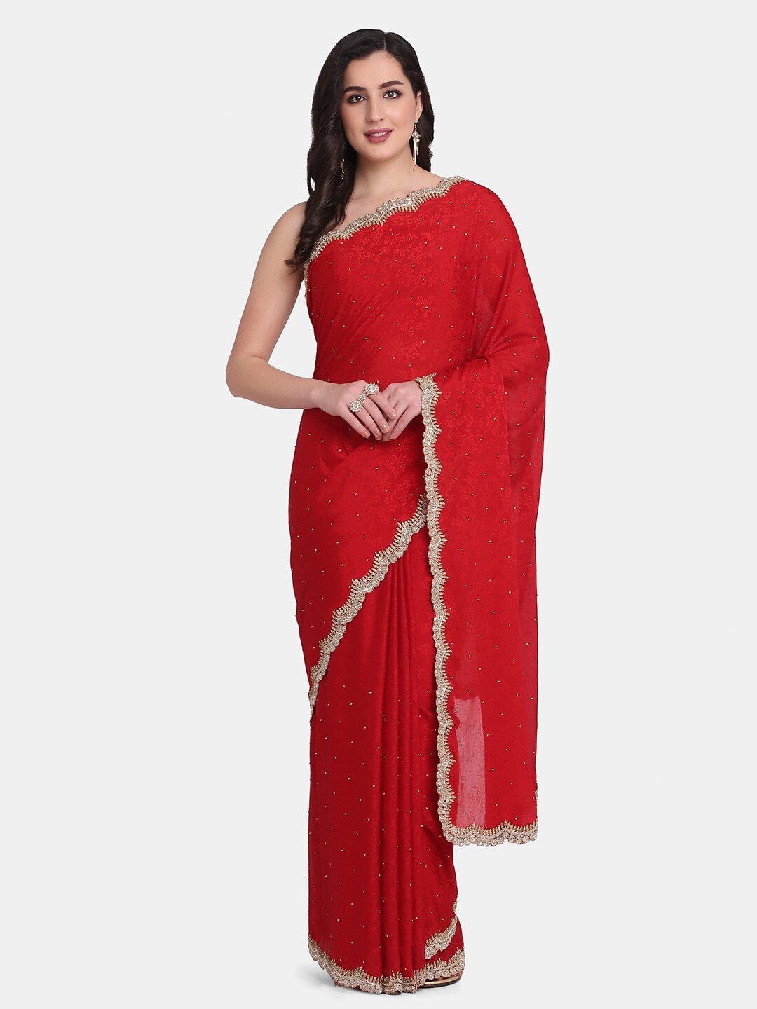 

BOMBAY SELECTIONS Maroon & Gold-Toned Floral Pure Crepe Saree