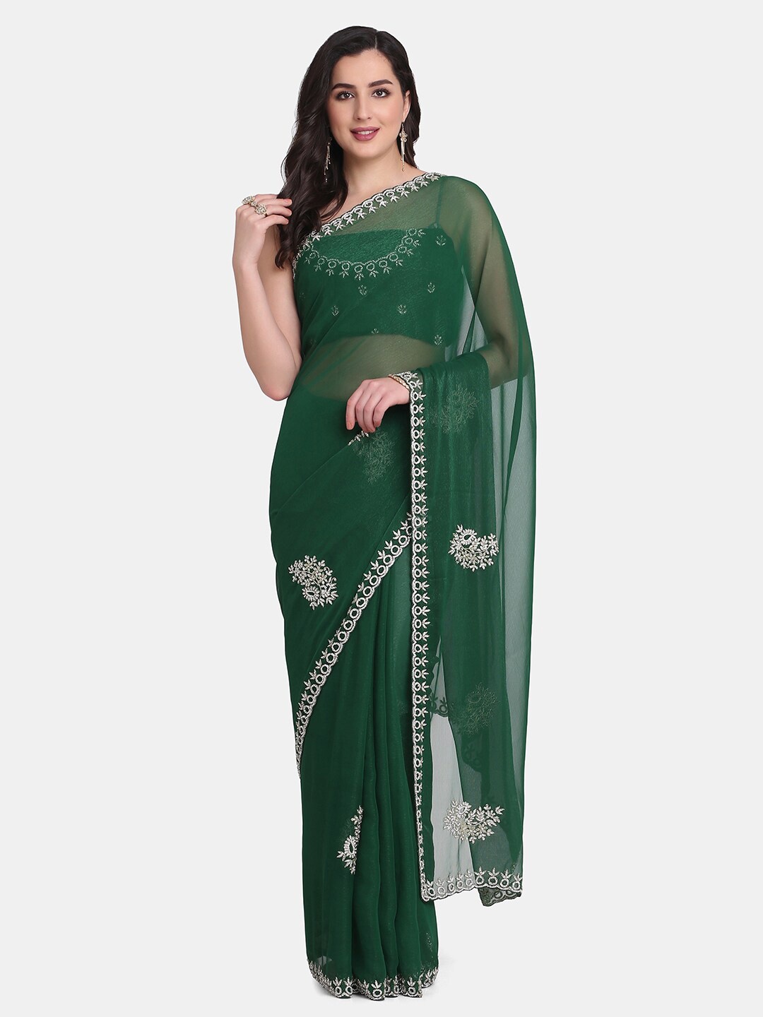

BOMBAY SELECTIONS Teal & White Floral Beads and Stones Organza Saree