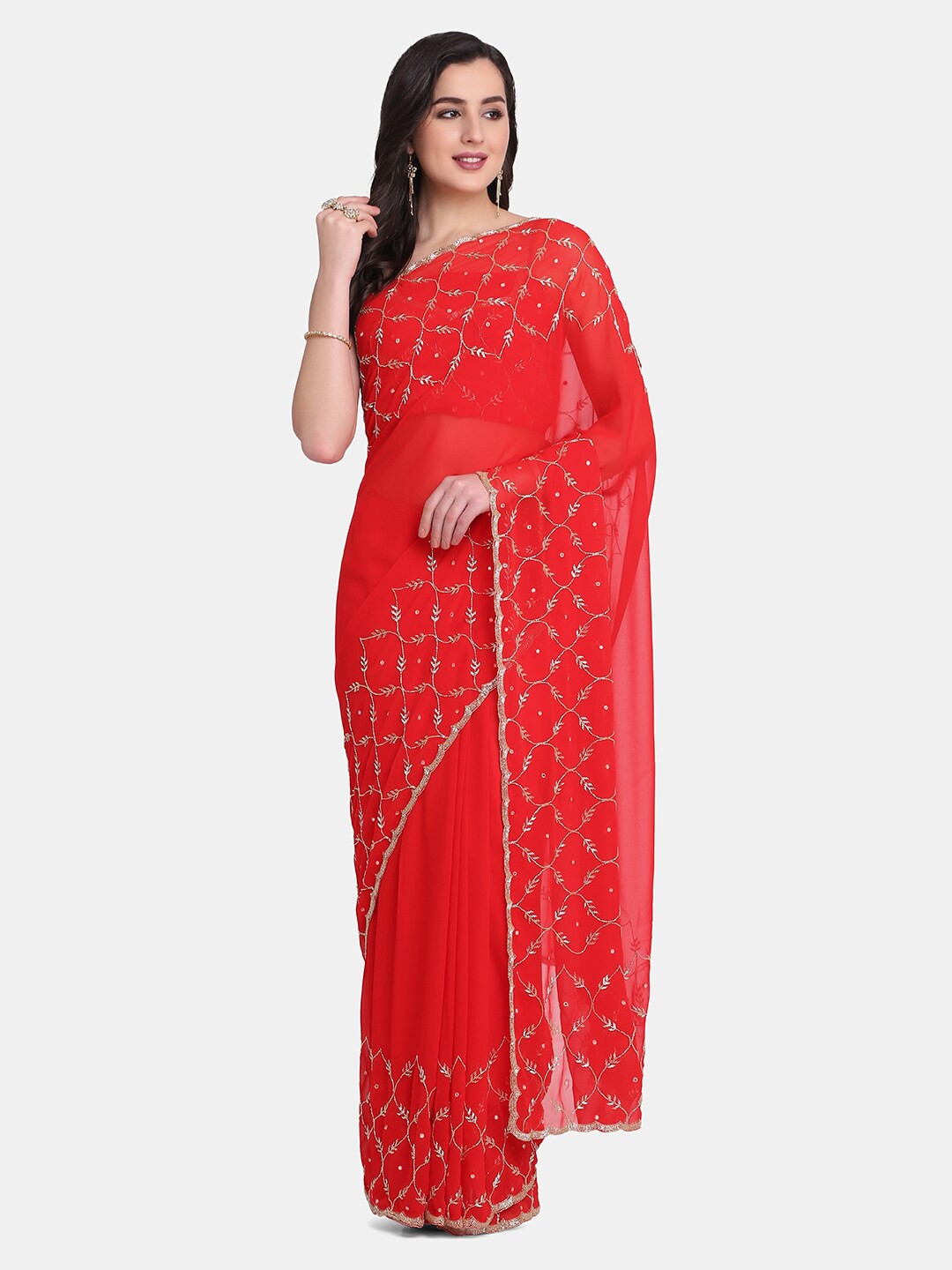 

BOMBAY SELECTIONS Red & Silver-Toned Beads and Stones Pure Georgette Saree