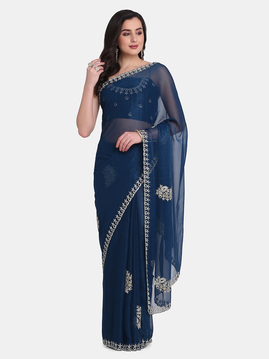 

BOMBAY SELECTIONS Blue & Silver-Toned Floral Zari Organza Saree