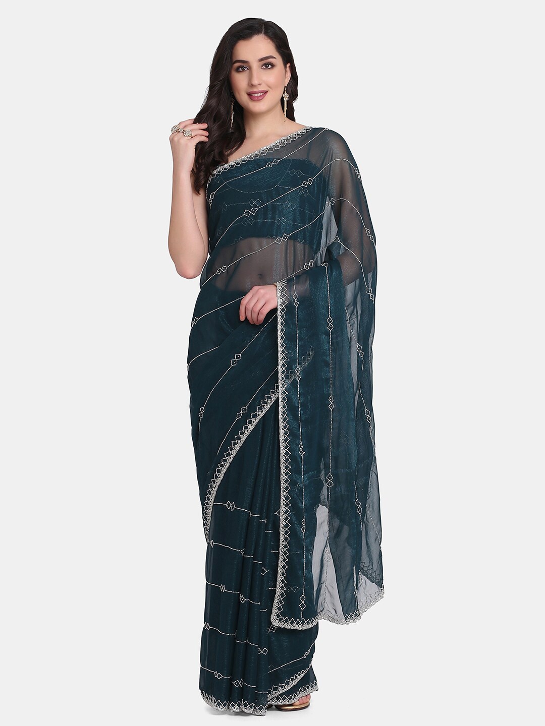 

BOMBAY SELECTIONS Green & Silver-Toned Striped Beads and Stones Organza Saree