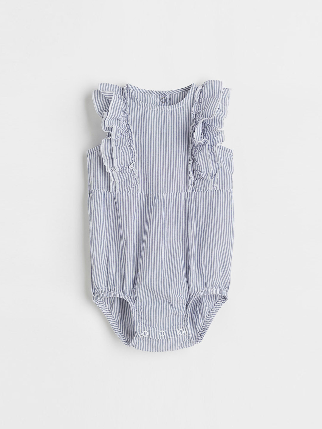 

H&M Infants Girls Blue Striped Pure Cotton Flounce-Trimmed Romper Suit