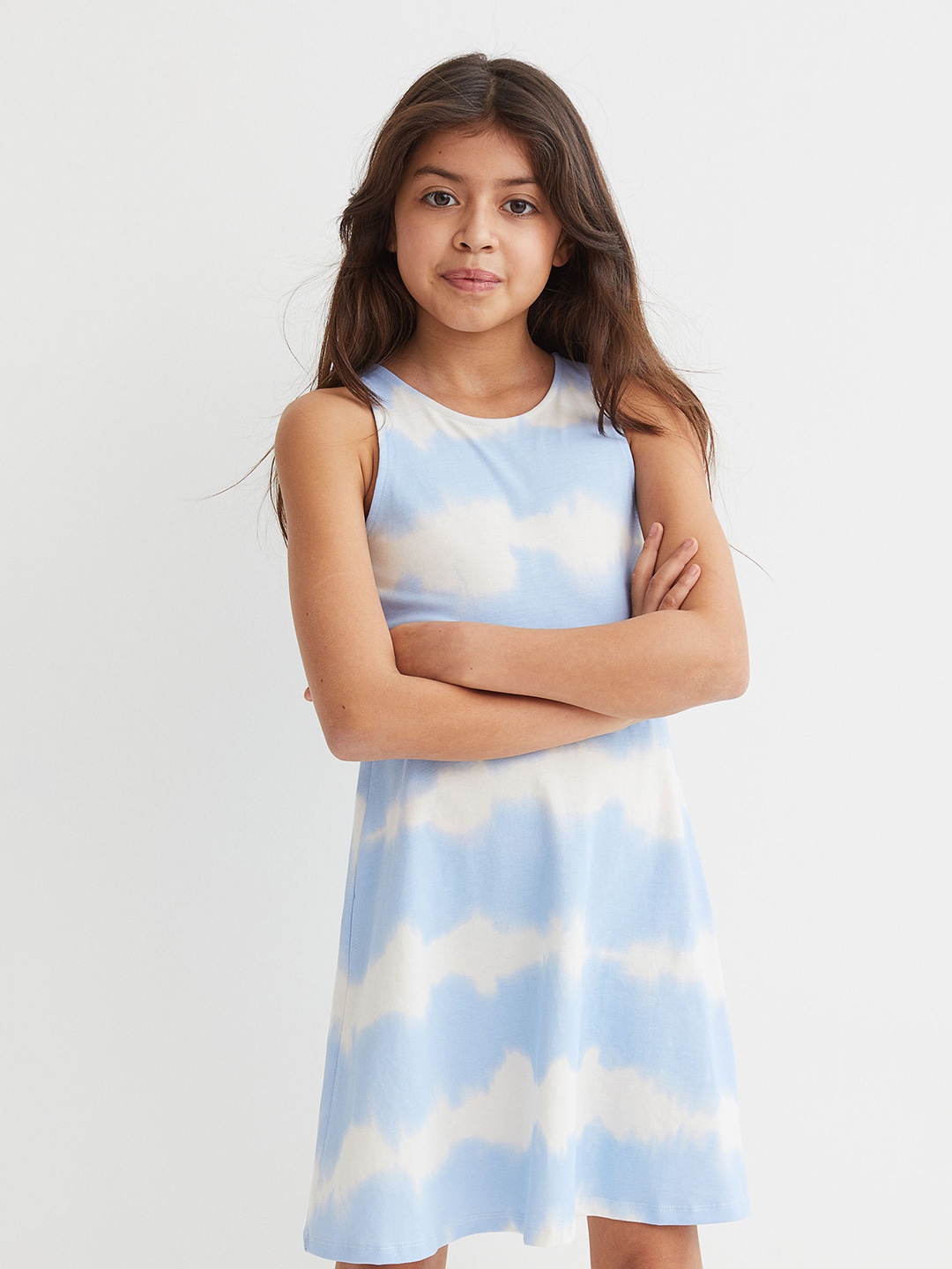 

H&M Girls Blue & White Pure Cotton Patterned Jersey Dress