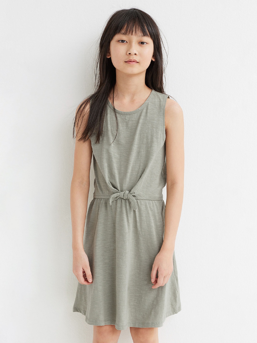 

H&M Girls Green Solid Pure Cotton Tie Detail Dress