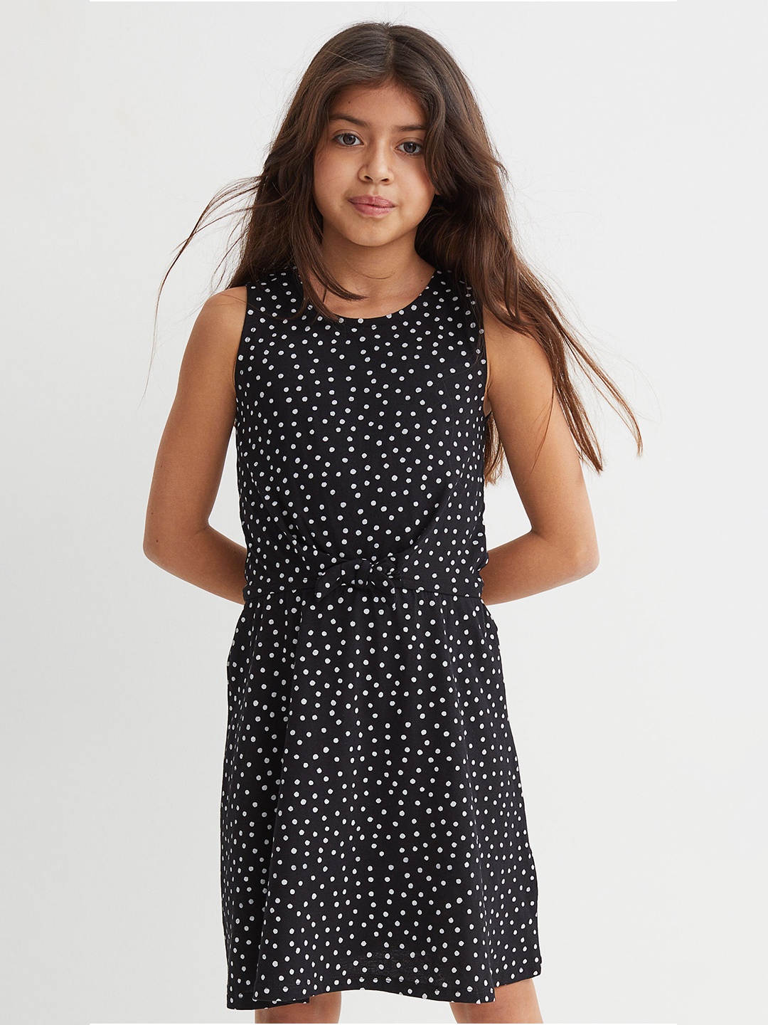 

H&M Girls Black & White Polka Dots Printed Tie-Detail Dress
