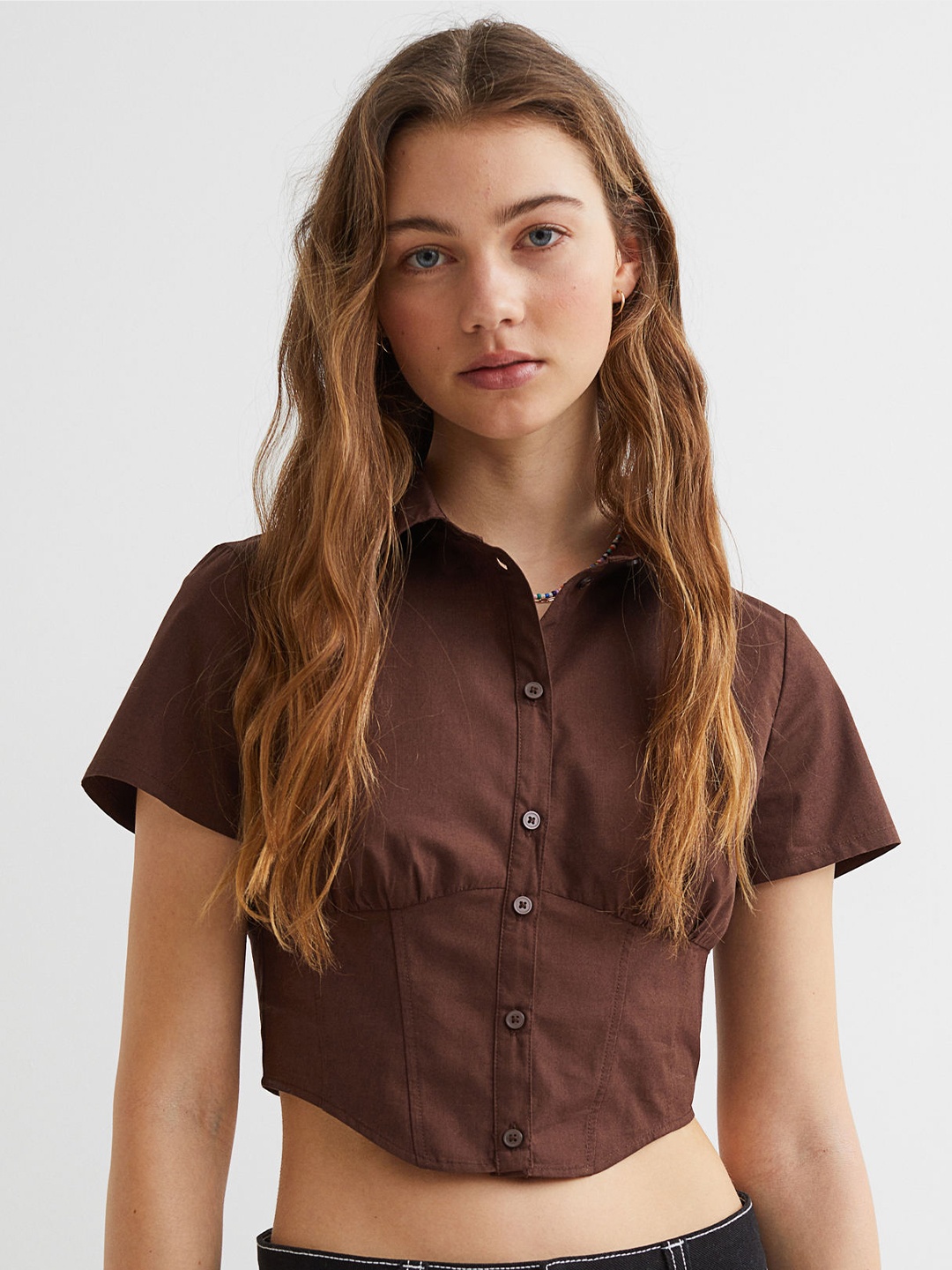 

H&M Plus Women Brown Short-Sleeved Cropped Cotton Shirt