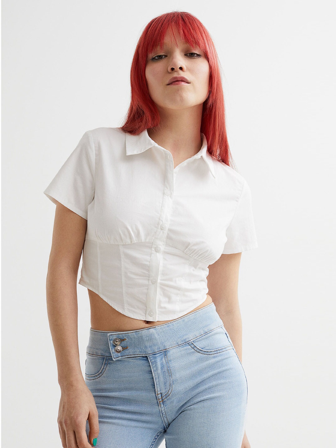 

H&M Women White Solid Short Sleeved Cotton Shirt