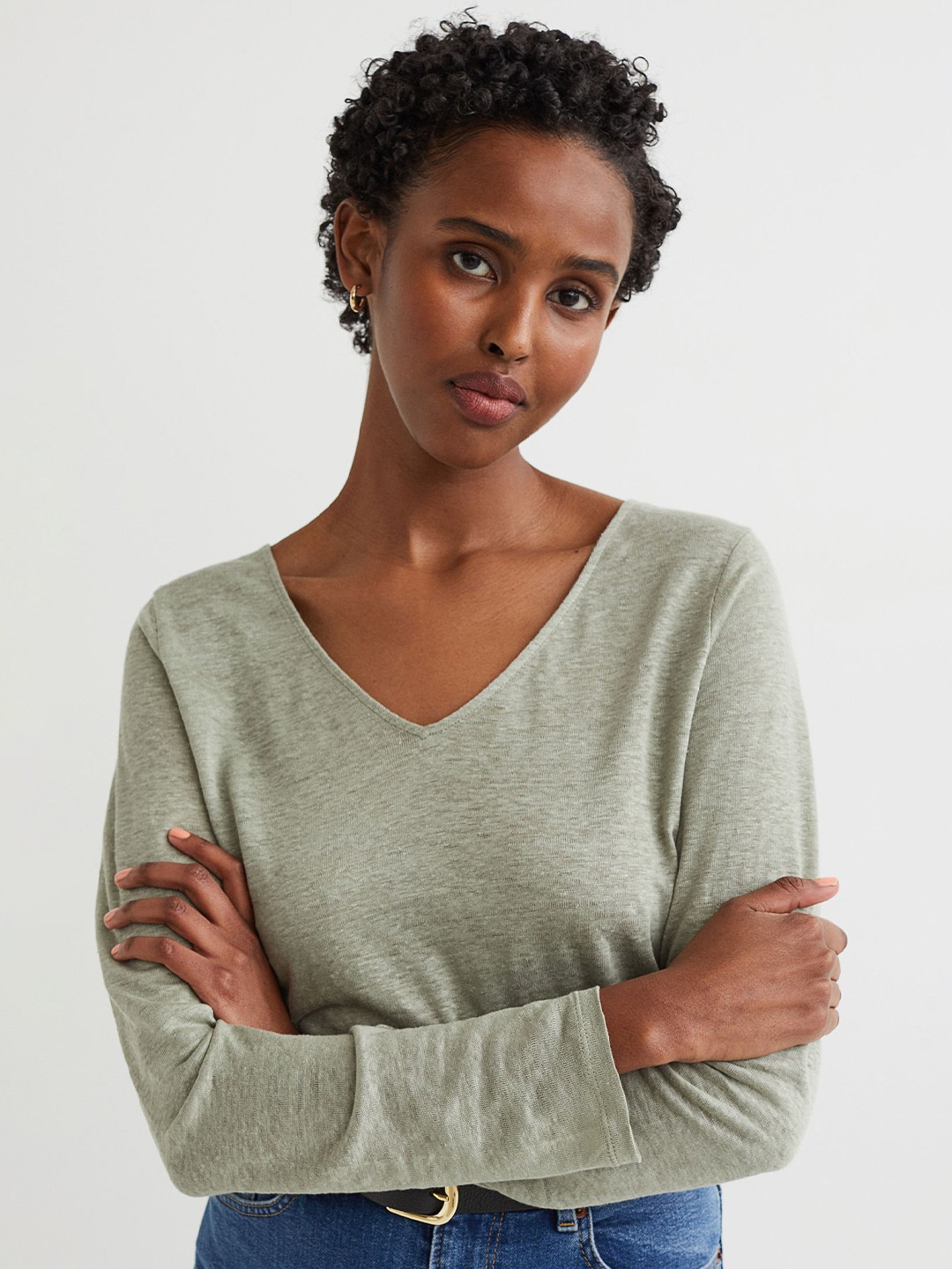 

H&M Women Green Solid Long Sleeved Linen Jersey Top
