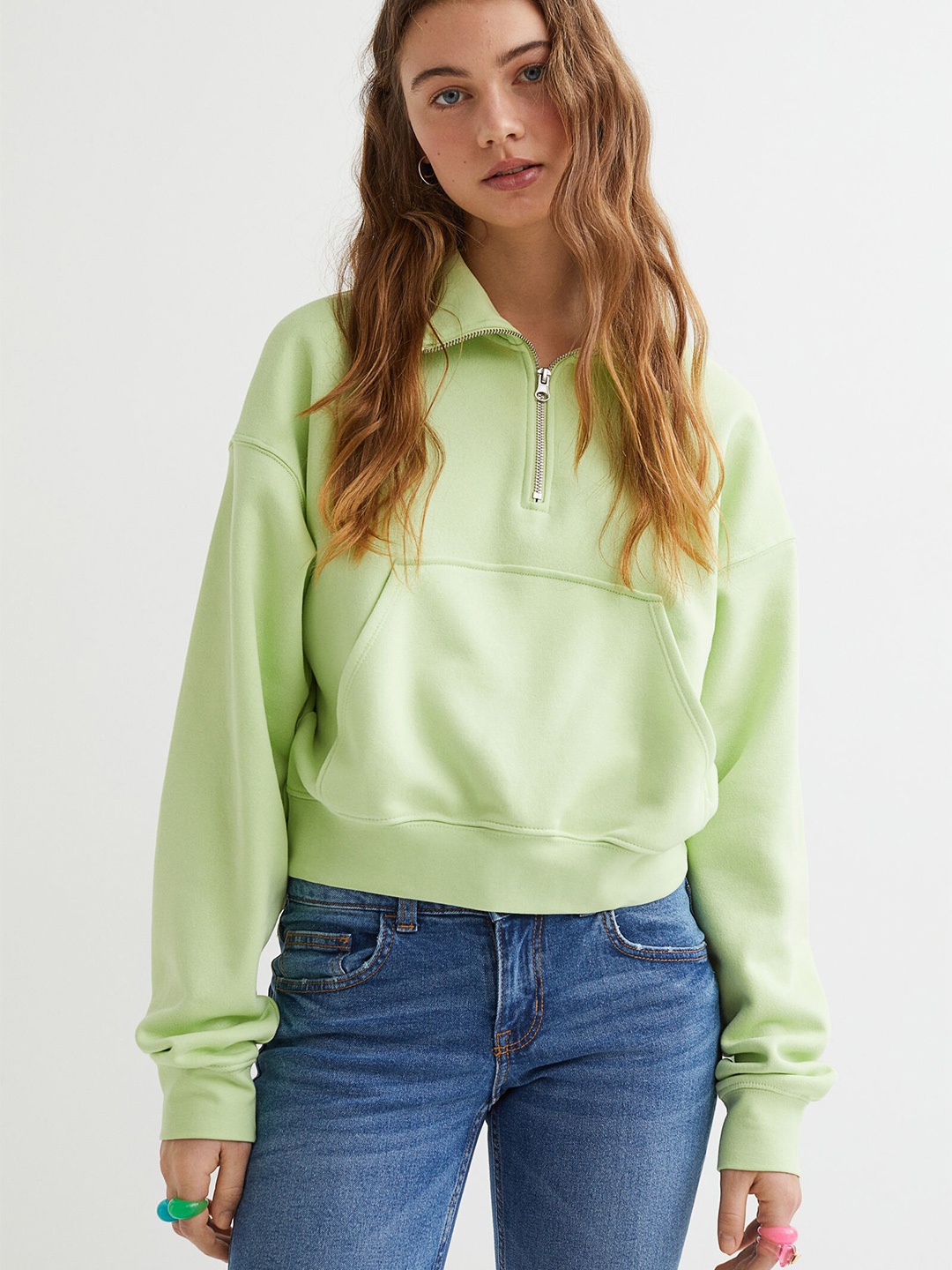 

H&M Women Green Zip-Top Sweatshirt