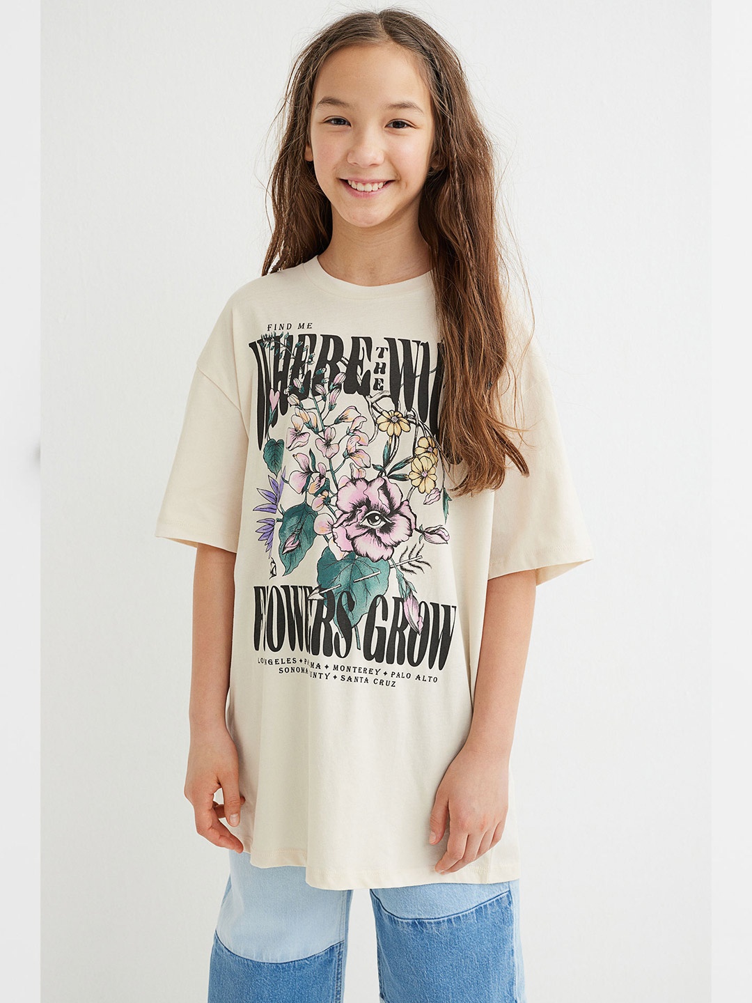 

H&M Girls Beige Printed Oversized Cotton T-shirt