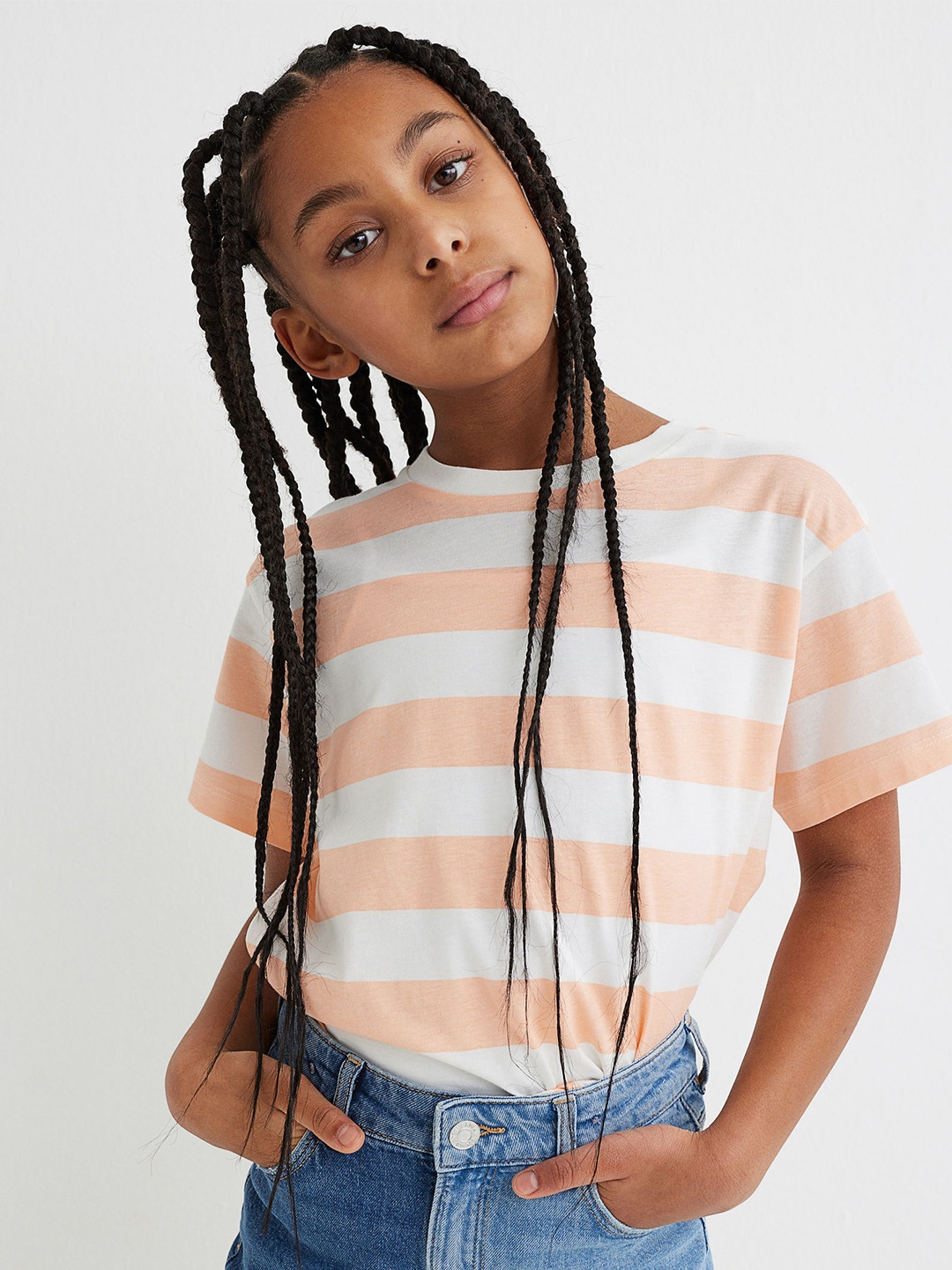 

H&M Girls Pink & White Striped Cotton T-shirt