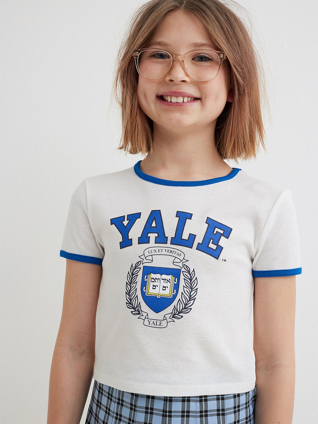 

H&M Girls White & Blue Cropped Printed T-Shirt