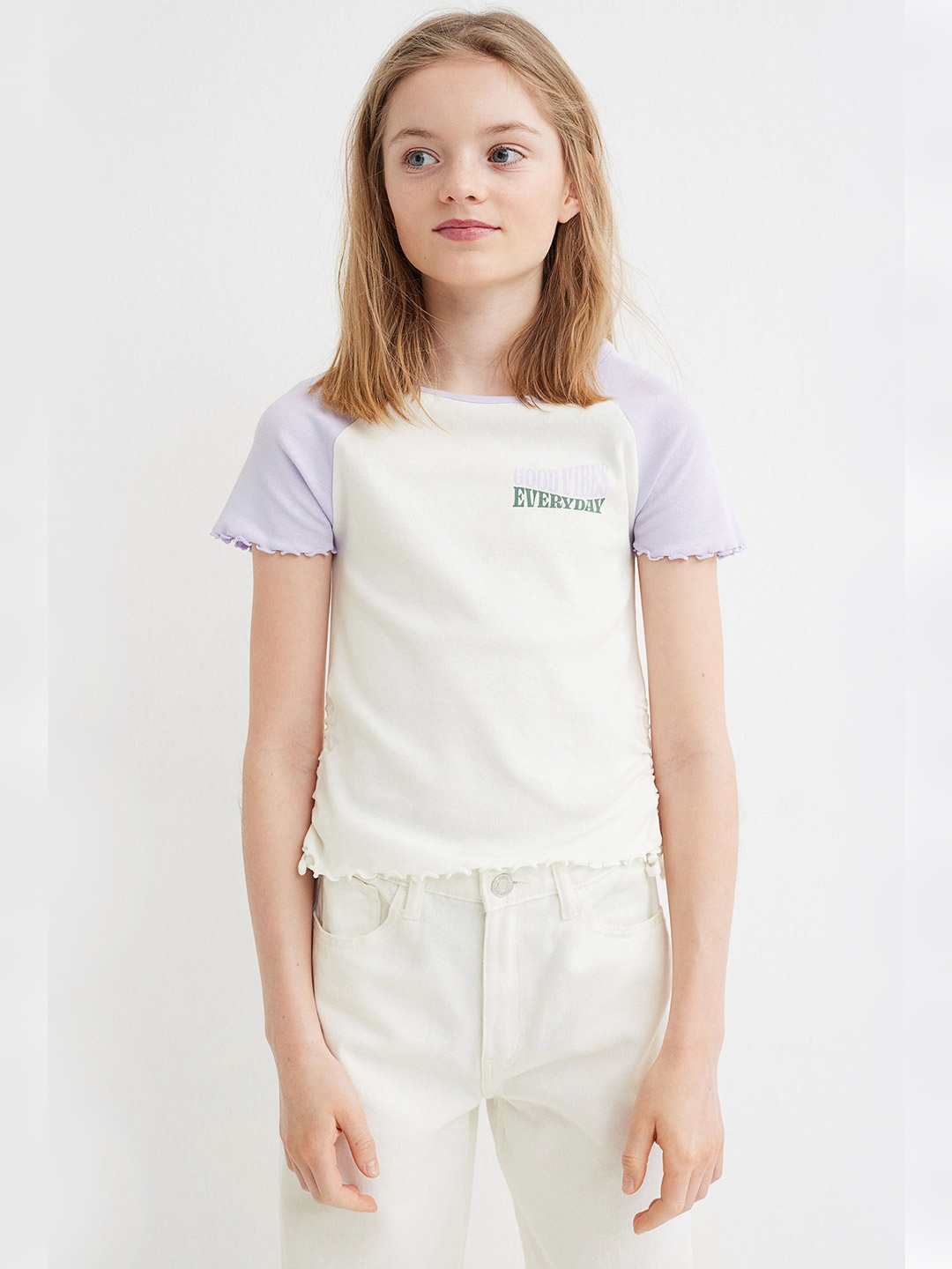 

H&M Girls Cream Coloured & Purple Drawstring Side Jersey Top