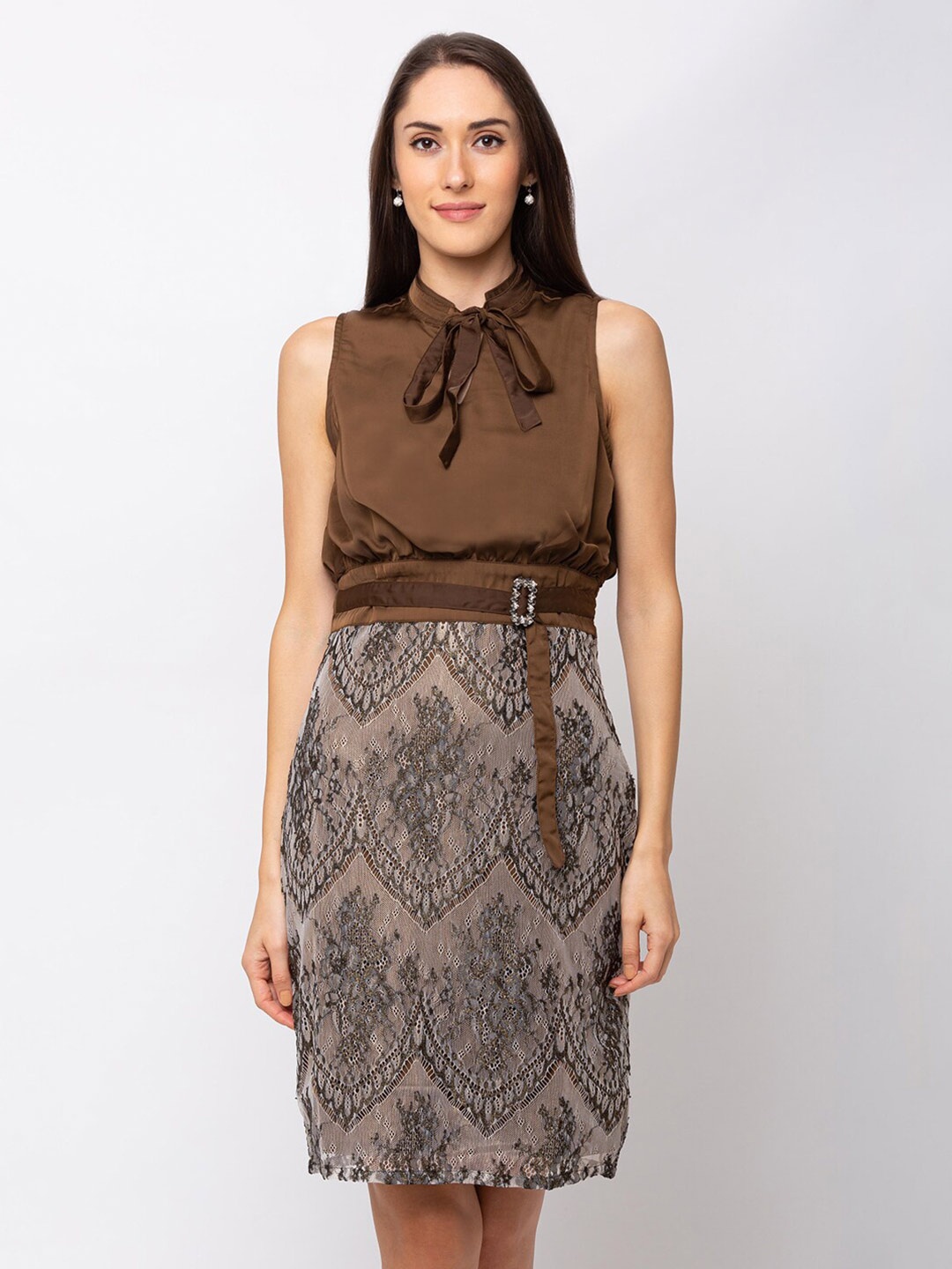 

SHECZZAR Brown Ethnic Motifs Tie-Up Neck Sheath Dress