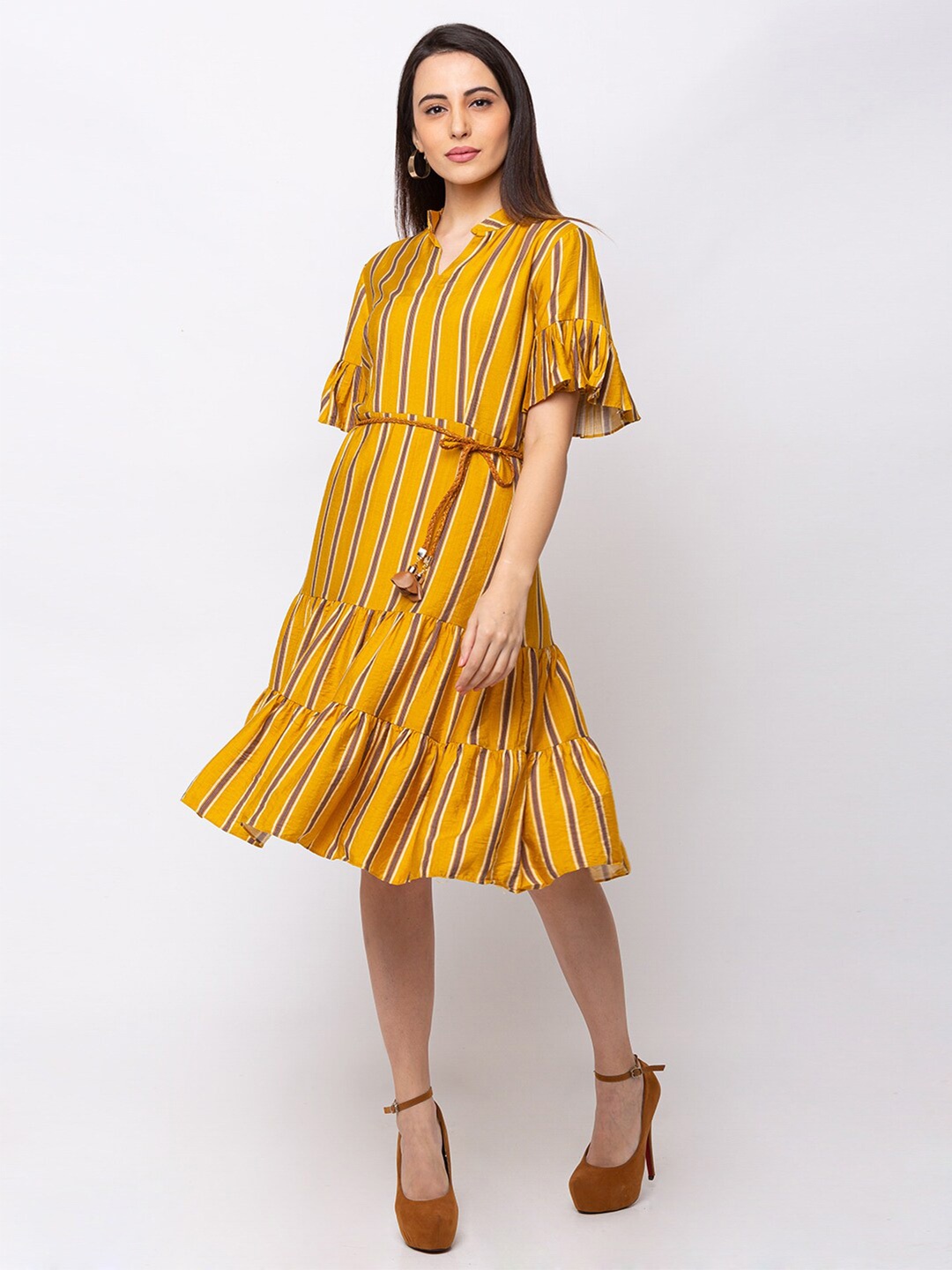 

SHECZZAR Yellow Striped A-Line Dress