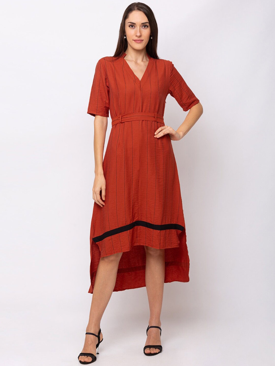 

SHECZZAR Women Red Striped Fit & Flare Dress