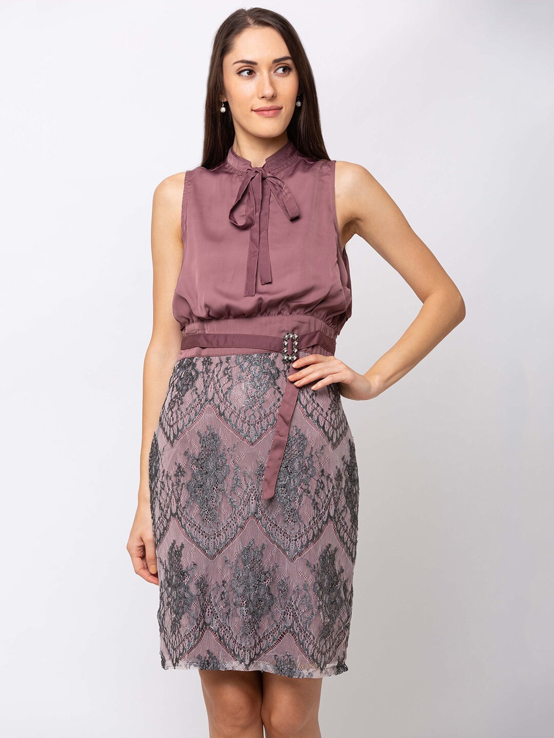 

SHECZZAR Pink Tie-Up Neck Sheath Dress