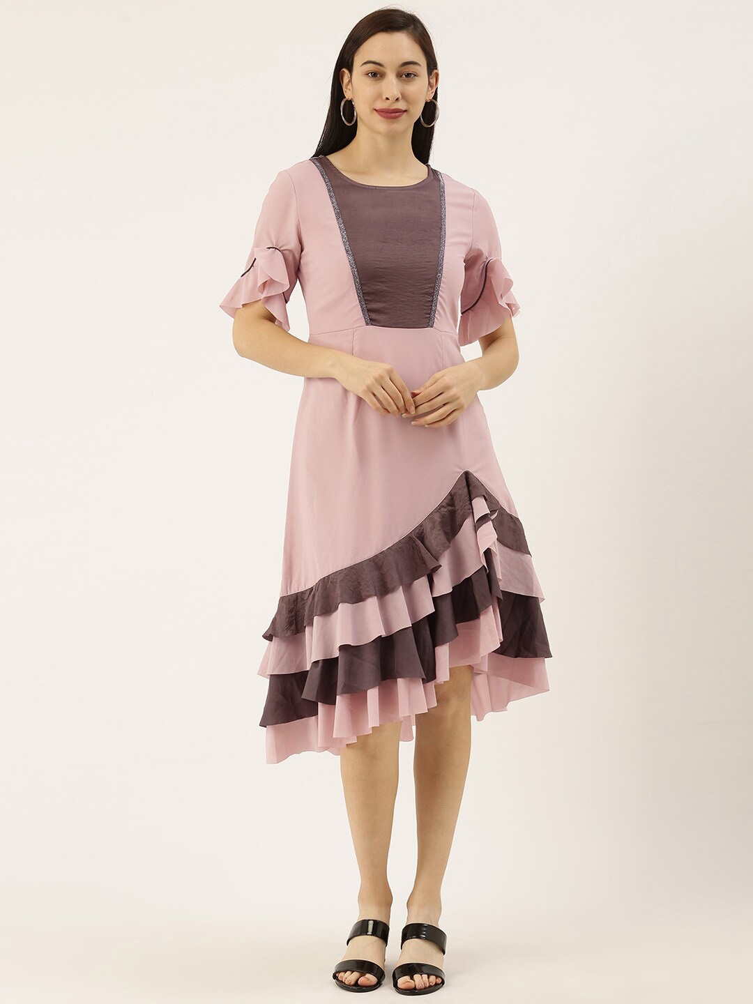 

SHECZZAR Pink & Brown Colourblocked Ruffled Layered Asymmetric Fit & Flare Midi Dress