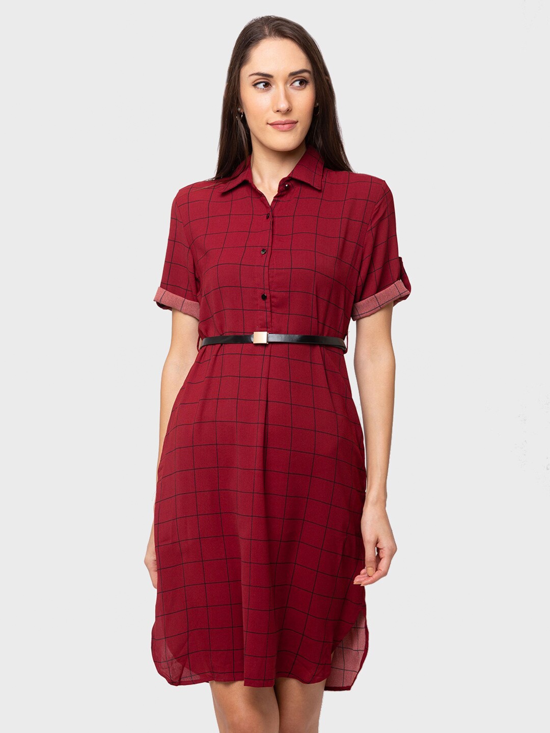 

SHECZZAR Maroon & Black Checked Shirt Dress