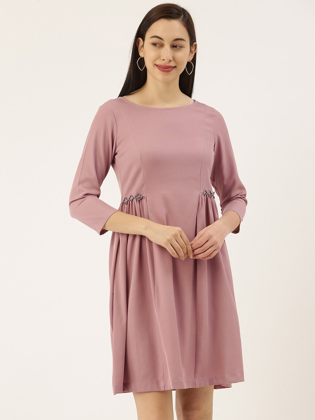 

SHECZZAR Women Dusty Pink Solid Fit & Flare Dress