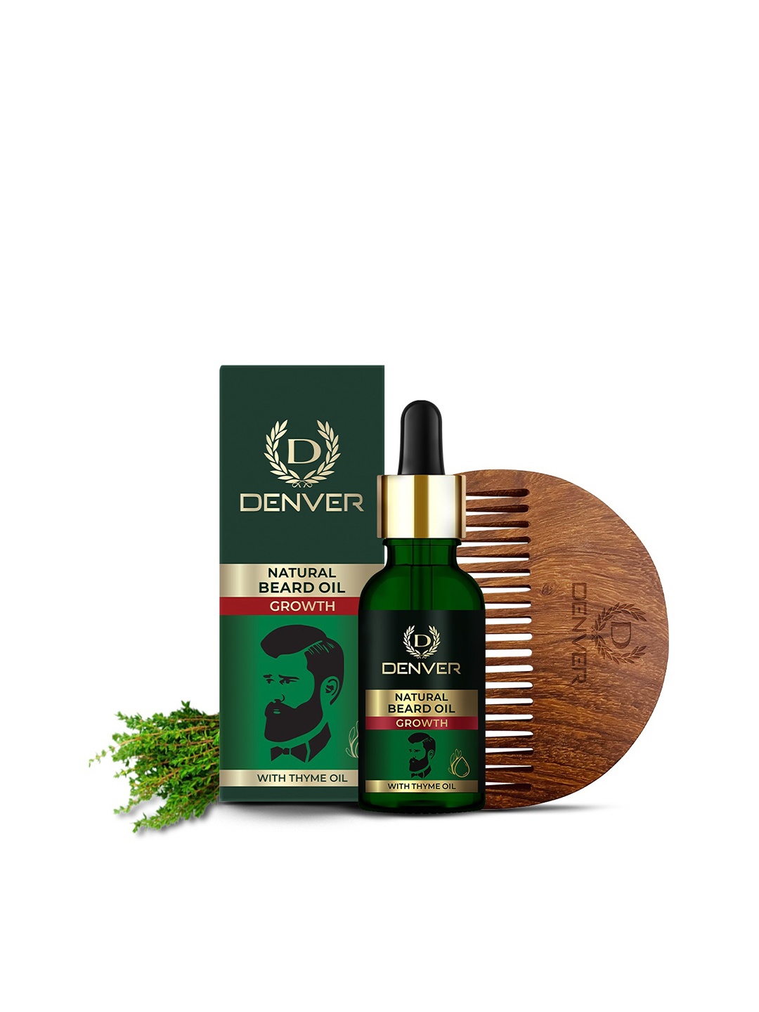 

Denver Growth Natural Thyme Beard Oil 30ml with Wooden Comb, Green