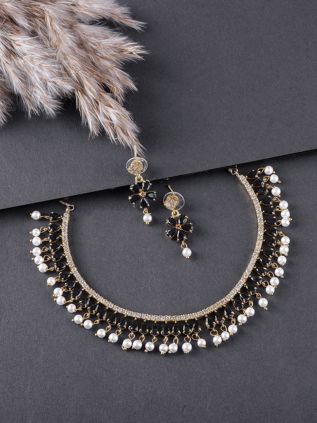 

Brandsoon Gold-Plated White & Black Kundan & AD-Studded & Beaded Jewellery Set