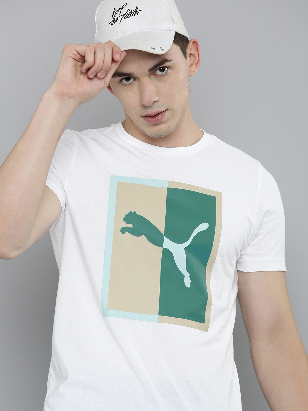 

Puma Men White & Green Brand Logo Printed Slim Fit Pure Cotton T-shirt