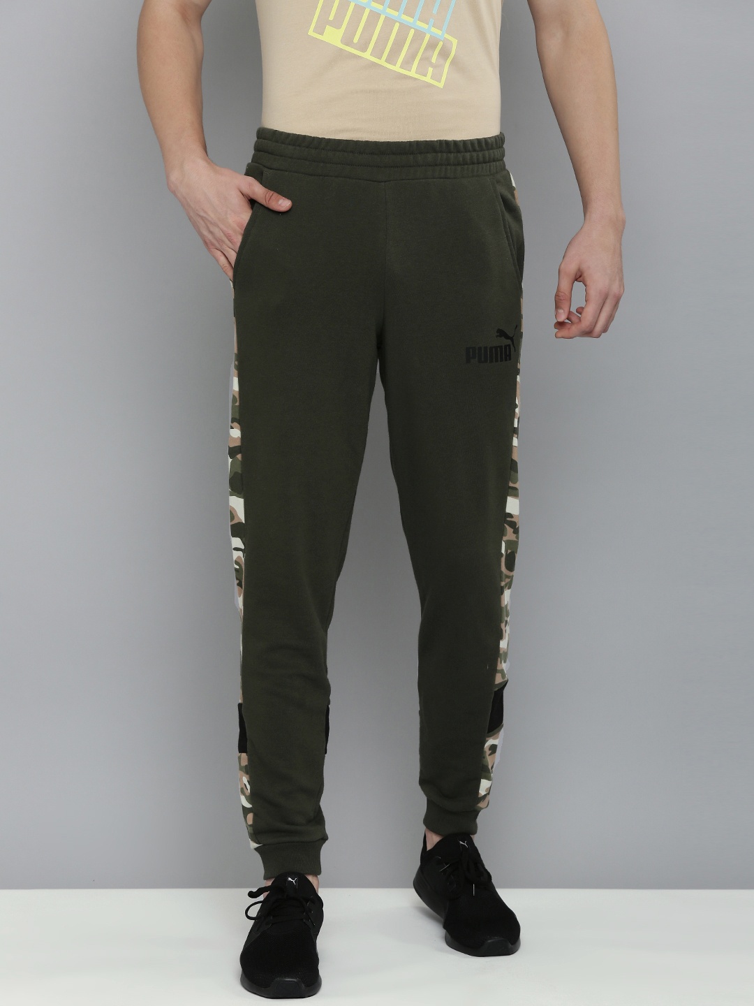 

Puma Men Brand Logo Printed Regular Joggers With Printed Side Stripes, Olive